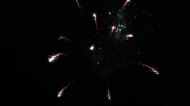 Schönes mehrfarbiges Feuerwerk am Nachthimmel. Silvesterfeuerwerk. leuchtendes Feuerwerk mit Bokeh-Lichtern am Nachthimmel. Glühendes Feuerwerk. Farbige nächtliche Explosionen am schwarzen Himmel — Stockvideo
