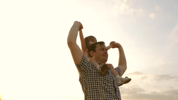 En liten dotter på fädernas axlar. Pojke och pappa reser på vetefält. Barnet och föräldrarna leker i naturen. lycklig familj och barndom koncept. Långsamma rörelser — Stockvideo