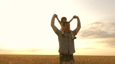 Küçük kız babasının omuzlarında. Bebek ve babası buğday tarlasında seyahat ediyorlar. Çocuk ve ebeveyn doğada oynuyorlar. Mutlu aile ve çocukluk kavramı. Yavaş çekim