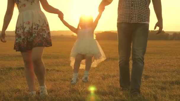 Piccola figlia che salta tenendosi per mano di papà e mamma nel parco sullo sfondo del sole. Concetto familiare. bambino gioca con papà e mamma sul campo alla luce del tramonto. Camminare con un bambino piccolo in natura . — Video Stock