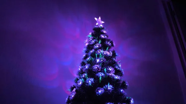 Bellissimo albero di Natale in camera, decorato con una ghirlanda luminosa e una stella. vacanza per bambini e adulti. Capodanno. Albero di Natale, buone feste. Interno di Natale . — Foto Stock