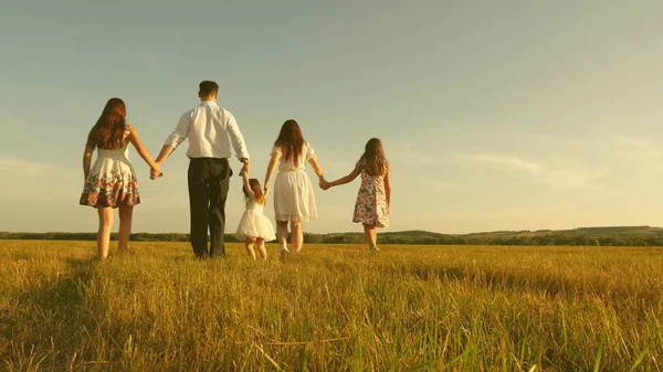 Concept van een gelukkige jeugd. moeder, vader en dochtertje met zusjes die in het veld in de zon wandelen. Gelukkige jonge familie. Kinderen, papa en mama spelen in de wei in de zon. concept van gelukkig gezin — Stockfoto