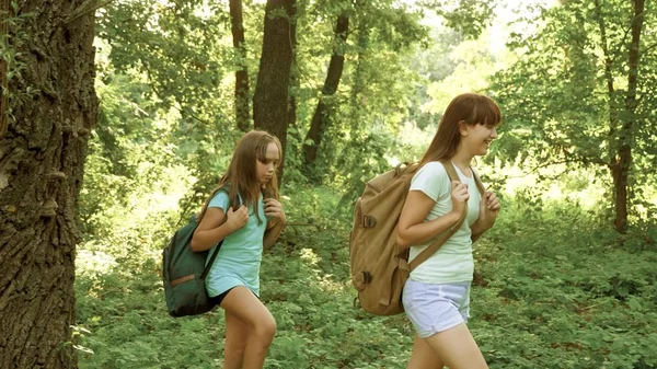 Mädchen gehen mit Rucksäcken in der gleißenden Sonne durch den Wald. Kinder zelteten in der Sonne. Teamwork. Wanderfreunde sind Abenteuerlustige. Zeitlupe — Stockfoto