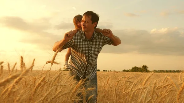 Daughter on fathers shoulders. happy child and father are playing in a field of ripening wheat. baby boy and dad travel on field. kid and parent play in nature. happy family and childhood concept — Stock Photo, Image