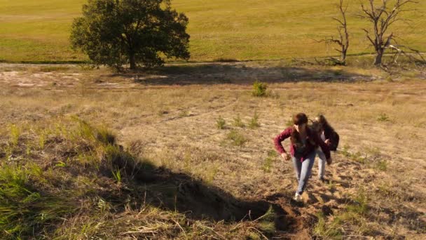 İş, başarı yolunda ilerlemek. Sırt çantalı turistler güneşin altında dağa tırmanarak seyahat ederler. Kadın gezginler dağa tırmanıyor, ellerini uzatıyorlar, tırmanmaya yardım ediyorlar. Takım çalışması gezginleri. — Stok video