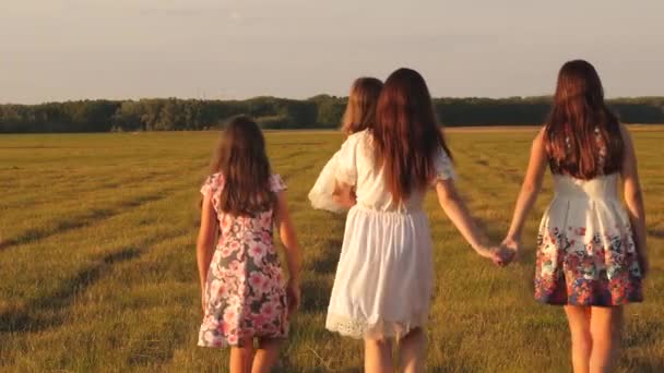 Madre e hija pequeña con hermanas caminando por el parque cogidas de la mano. Los niños y mamá están jugando en el prado. concepto de una familia feliz. Familia joven y feliz con un niño caminando en un campo de verano . — Vídeo de stock