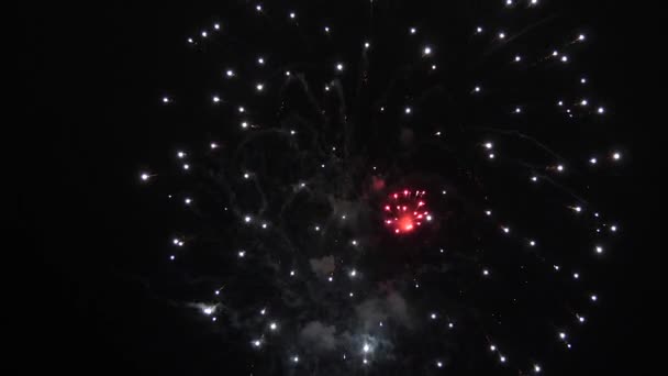 Fuegos artificiales brillantes con luces bokeh en el cielo nocturno. espectáculo de fuegos artificiales brillantes. Año nuevo víspera de celebración de fuegos artificiales. Multico adoraba los fuegos artificiales en el cielo nocturno. hermosas explosiones nocturnas de colores en negro — Vídeo de stock