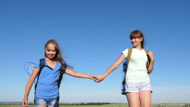 Teamwork toeristen tieners. Meisjes, vrouwelijke reizigers gaan hand in hand op een achtergrond van blauwe lucht. close-up. Vrouwelijke reizigers lopen over het veld. wandelaars meisjes in de zomer op de weide. — Stockvideo