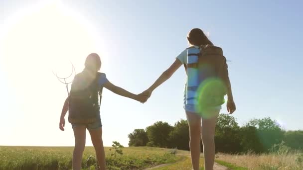 Ragazze adolescenti avventure in vacanza. lavoro di squadra turisti adolescenti. Le donne viaggiatrici camminano su strada in campagna. Ragazza escursionista felice nel parco estivo. Ragazze felici viaggiatori vanno con zaini in campo . — Video Stock