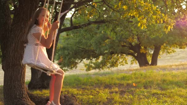 Niño balanceándose en un columpio en el parque bajo el sol. joven chica balanceándose en cuerda columpio en una rama de roble. adolescente chica disfruta de vuelo en swing en verano por la noche en el bosque. concepto de familia feliz y la infancia. — Vídeos de Stock