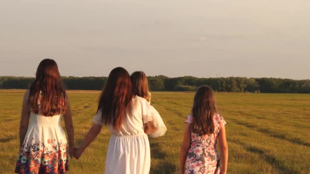 Familia joven y feliz con un niño caminando en un campo de verano. concepto de familia feliz y la infancia. Los niños y mamá están jugando en el prado. madre e hija pequeña con hermanas caminando en el parque . — Vídeos de Stock