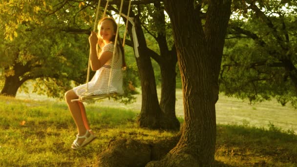 Kind schaukelt auf Schaukel im Park in der Sonne. junges Mädchen schwingt auf einer Seilschaukel auf einem Eichenzweig. Teenie-Mädchen genießt Flug auf Schaukel an Sommerabend im Wald. Konzept einer glücklichen Familie und Kindheit. — Stockvideo