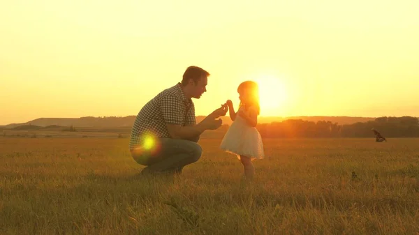 Çocuk babasıyla çayırda çiçek topluyor. Küçük kız babasıyla çayırda el ele tutuşarak yürüyor. Çocuk babasının elini tutuyor. Aile akşam şehir dışına çıkar. Baba ve bebek parkta.. — Stok fotoğraf