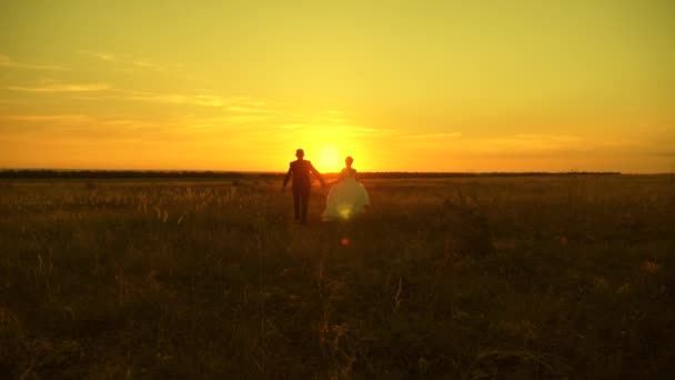 Casal apaixonado de mãos dadas vai ao pôr-do-sol. família feliz viaja ao sol. Um casal apaixonado numa viagem de lua-de-mel. Noiva e noivo. Movimento lento . — Vídeo de Stock