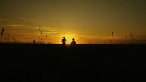 幸せな家族は太陽の下で旅をする恋のカップルの手を握って日没に行く。新婚旅行で恋にカップル。花嫁と新郎。スローモーション. — ストック動画