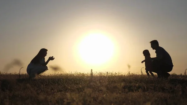 Padres juegan con su hijita. Mamá y papá juegan con su hija al sol. bebé feliz va de papá a mamá. familia joven en el campo con un niño de 1 año. concepto de felicidad familiar . — Foto de Stock