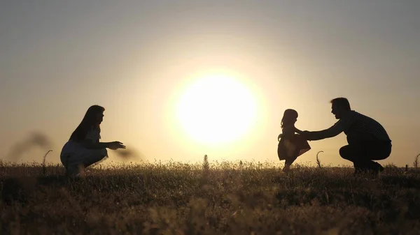 Padres juegan con su hijita. Mamá y papá juegan con su hija al sol. bebé feliz va de papá a mamá. familia joven en el campo con un niño de 1 año. concepto de felicidad familiar . — Foto de Stock