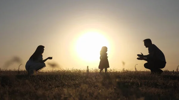 Батьки грають зі своєю маленькою донькою. Мати і тато грають зі своєю донькою на сонці. щаслива дитина йде від тата до мами. молода сім'я в полі з дитиною 1 рік. концепція сімейного щастя . — стокове фото