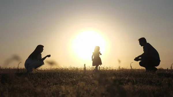 Ouders spelen met hun kleine dochter. moeder en vader spelen met hun dochter in de zon. gelukkig baby gaat van Papa naar mam. jong gezin in het veld met een kind 1 jaar. familie geluksconcept. — Stockfoto