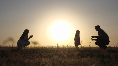 Ebeveynler küçük kızları ile oynarlar. anne ve baba güneşte kızları ile oynamak. mutlu bebek babadan anneye geçer. genç aile alanında bir çocuk 1 yıl. aile mutluluğu kavramı.