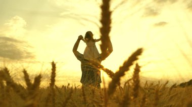 The child and parent play in nature. happy family and childhood concept. Slow motion. little daughter on fathers shoulders. baby boy and dad travel on a wheat field.