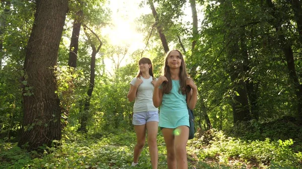 Mädchen mit Rucksäcken gehen durch das Dickicht im Wald. Kindertouristen sind im Sommerpark unterwegs. Teenager auf der Suche nach Abenteuer. Wanderin. Teamwork-Touristen — Stockfoto