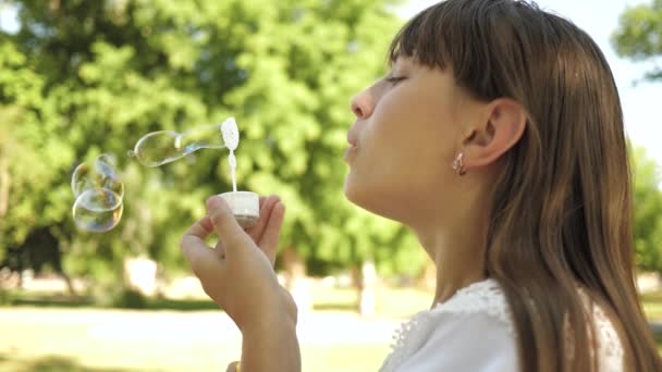 Chica joven viaja y sopla burbujas de jabón en la lente de la cámara. En cámara lenta. Hermosa chica sopla burbujas de jabón en el parque en primavera, verano y sonriendo . — Vídeo de stock