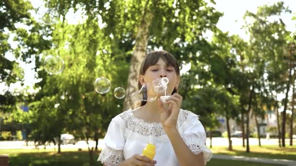 Menina viaja e sopra bolhas de sabão na lente da câmera. Movimento lento. Menina bonita sopra bolhas de sabão no parque na primavera, verão e sorrindo . — Vídeo de Stock