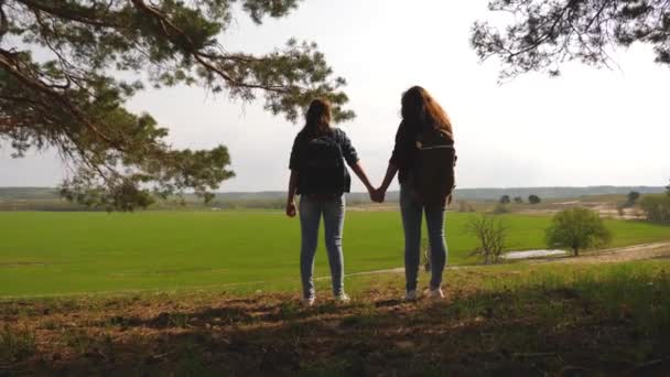 Gratis vrouwelijke toeristen op vakantie reizen door bossen met een rugzak, steek hun handen op. Wandelaar Meisjes teamwork. Reizigers steken hun handen op, vieren de overwinning en genieten van het landschap. — Stockvideo