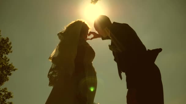 Silueta de una pareja amorosa haciendo un símbolo del corazón con sus manos frente al sol en el horizonte. sol en la mano. Trabajo en equipo de pareja amorosa. Día de la boda celebración — Vídeo de stock