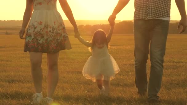 Går med ett litet barn i naturen. liten dotter hoppar håller hand pappa och mamma i parken på bakgrund av solen. Familjebegreppet. barn leker med pappa och mamma på planen i solnedgången ljus. — Stockvideo