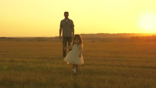 Glad barndom. En liten dotter går med pappa på ängen. Barnet leker på ängen med sin far. Barnet springer på gräset. Familjepromenader på kvällen utanför stan. Pappa och barnet i parken. — Stockvideo