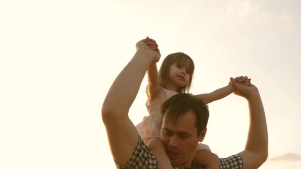 Little daughter on fathers shoulders. baby boy and dad travel on a wheat field. The child and parent play in nature. happy family and childhood concept. Slow motion — Stock Video