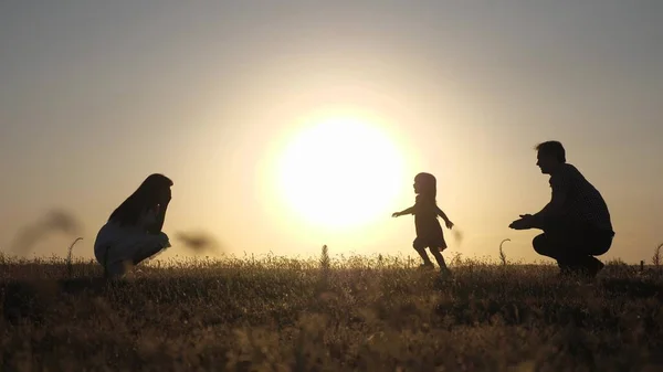 Padres juegan con su hijita. Mamá y papá juegan con su hija al sol. bebé feliz va de papá a mamá. familia joven en el campo con un niño de 1 año. concepto de felicidad familiar . — Foto de Stock