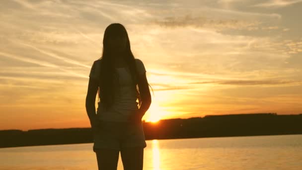 Mujer joven bailando en una fiesta de atardecer. Mujer libre y alegre. Chica feliz con el pelo largo está bailando al atardecer en la playa y riendo. Movimiento lento . — Vídeos de Stock