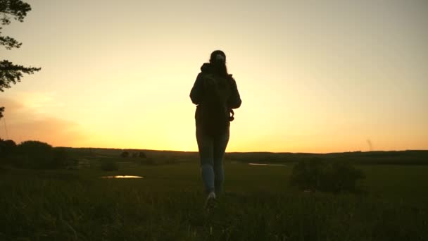 Chica libre viaja en el parque. concepto de estilo de vida saludable. turista mujer de vacaciones en el bosque. mujer feliz viajero con mochila levanta los brazos a los lados, disfrutando de la naturaleza . — Vídeos de Stock