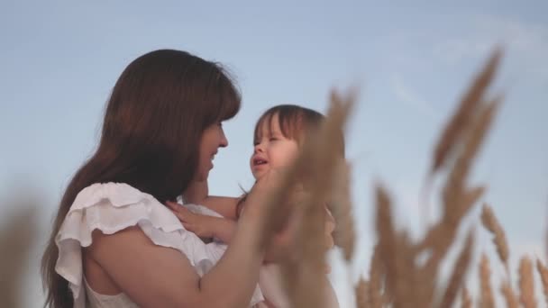 Mamma och lilla dotter spelar på ett område av mogna vete i solen. mamma går med ett barn i ett fält med vete. lyckliga familjeresor. Baby i armarna på mamma. Happy familjekoncept. — Stockvideo