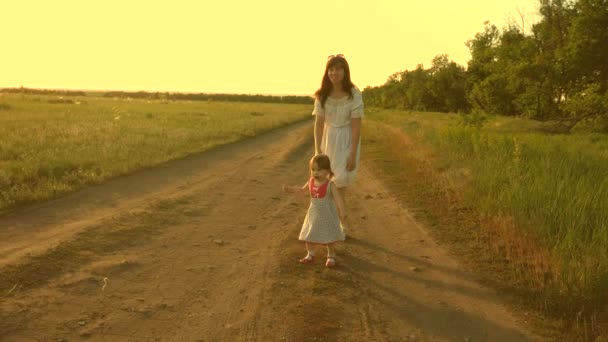 Maman et bébé se reposent dans le parc. concept d'une enfance heureuse. petite fille et maman marchent le long de la route devant le champ. enfant joue à fuir maman. famille heureuse avec un enfant marche dans la campagne . — Video