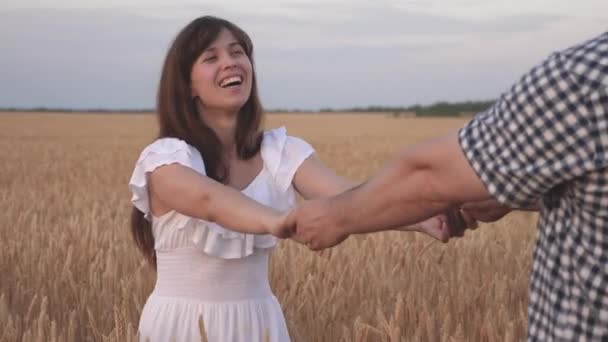 Lovers man and woman travel in field holding hands. Follow me, a young happy couple running along the golden wheat field. happy family concept. beautiful girl holds her boyfriends ruic. hand in hand — Wideo stockowe