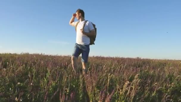 Een gratis reiziger gaat bergafwaarts in een veld met prachtige bloemen. Reizen en avontuur concept. een toerist reist door de natuur, met een rugzak klimt een heuvel op. gezond leefstijlconcept. — Stockvideo