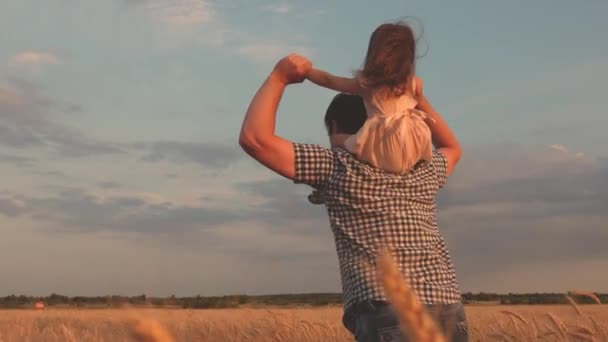 Healthy child and parent play in nature. Little happy daughter on fathers shoulders in a field against a blue sky. kid and dad travel on a wheat field. happy family and childhood concept. Slow motion — Stock Video