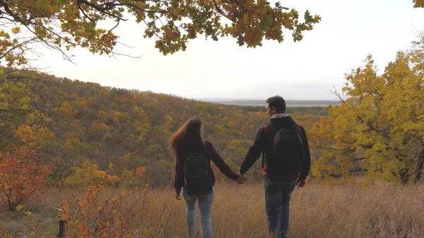 Turistas sanos hombre y mujer viajan tomados de la mano. viajeros libres, hombres y mujeres, disfrutar de la belleza de la naturaleza desde la cima de la montaña, levantar las manos y regocijarse. viajeros de trabajo en equipo . — Foto de Stock