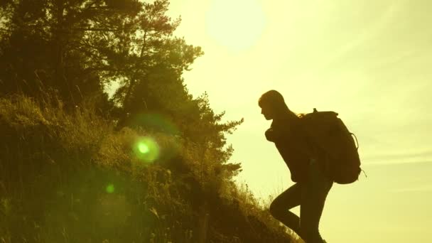 Las mujeres viajeras sanas suben a la montaña, se dan una mano, ayudan a subir la montaña. trabajo en equipo turístico. mujeres libres viajan al atardecer. novias con mochilas viajan escalando una montaña al sol — Vídeos de Stock