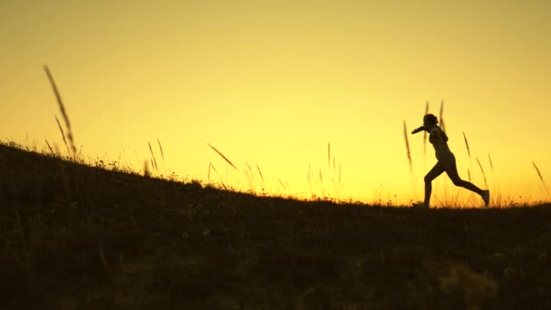 Bambini sullo sfondo del sole con un aereo in mano. Sogni di volare. Concetto infanzia felice. Due ragazze giocano con un aereo giocattolo al tramonto. Silhouette di bambini che giocano sull'aereo — Video Stock