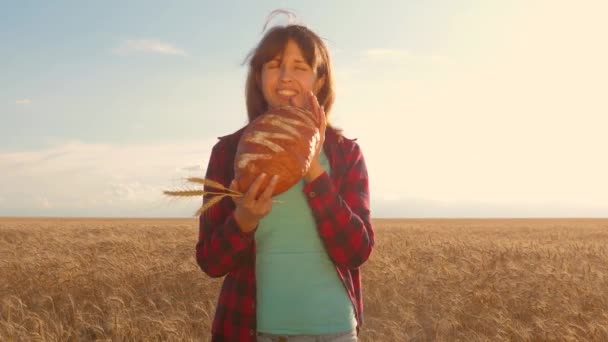 小麦畑で幸せな健康な女性の手においしい小麦パンのローフ。新鮮なライ麦、さわやかなパンは無料の農家の女の子の手の中に開催されます。若い女の子の掌中のおいしいパン. — ストック動画