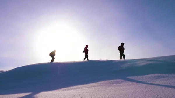 Gezginler güzel güneşin ışınları altında karlı bir tepenin üzerinde yürürler. Turistlerden oluşan bir ekip zafer ve başarı için çabalıyor. İş ekibi çalışması. Alaska 'nın güzel doğası, kuzey. — Stok fotoğraf