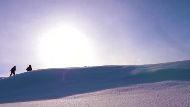 Gezginler güzel güneşin ışınları altında karlı bir tepenin üzerinde yürürler. Turistlerden oluşan bir ekip zafer ve başarı için çabalıyor. İş ekibi çalışması. Alaska 'nın güzel doğası, kuzey. — Stok video