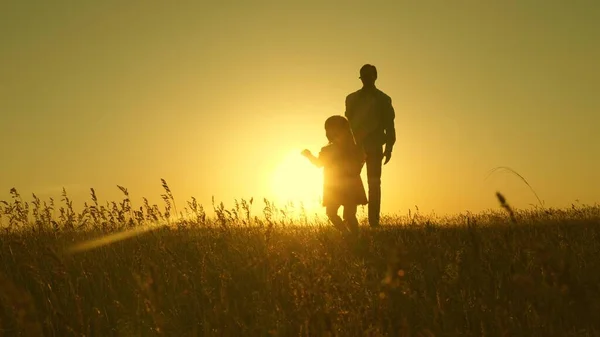 Heureux enfant en bonne santé avec papa marcher au coucher du soleil dans le champ. Papa embrasse sa fille, joue au bébé, s'enfuit. Silhouette d'une famille marchant au soleil. Papa et bébé dans le parc. concept d'une famille heureuse. Style de vie familial — Photo