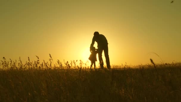 Felice bambino sano con papà camminare al tramonto sul campo. Papà abbraccia la figlia, il bambino gioca, scappa. Silhouette di una famiglia che cammina al sole. Papa 'e il bambino al parco. concetto di una famiglia felice. Stile di vita familiare — Video Stock