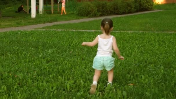 Bebê joga no parque na primavera. A criança feliz corre em um prado no verão em uma grama verde. menina alegre corre através do campo. conceito de felicidade. O miúdo joga no relvado no Verão. Movimento lento . — Vídeo de Stock